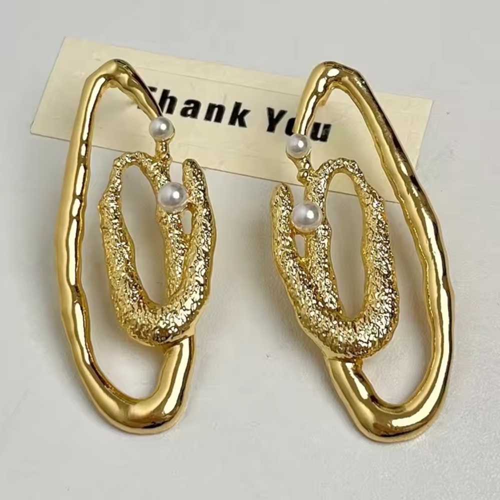 Gold Sculptural Loop Earrings with Pearl Accents